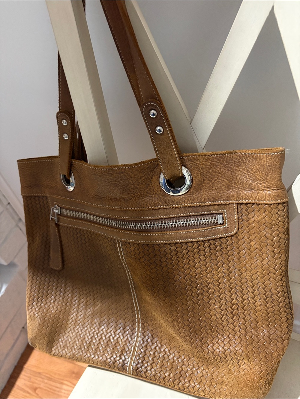 Roots Tan Woven Leather Tote with Front Zip